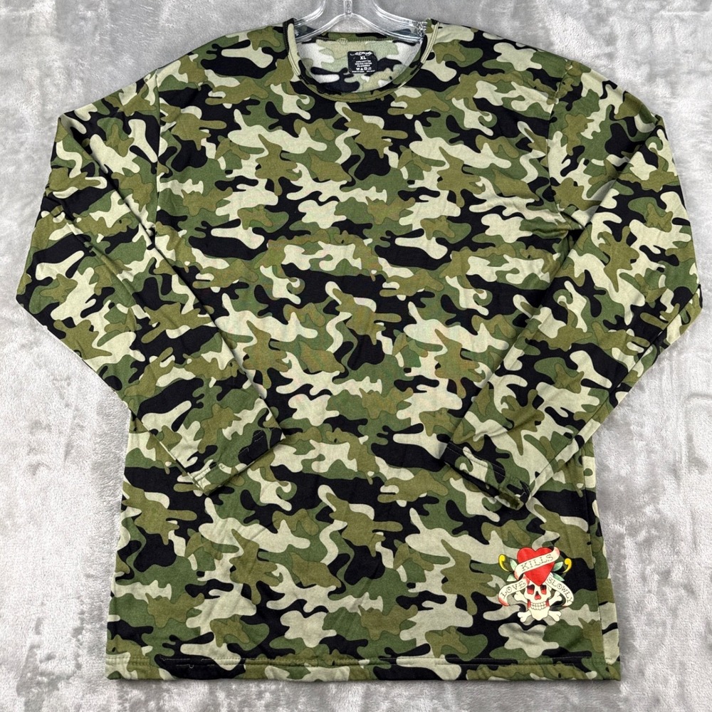 Ed Hardy T-Shirt Mens XL Love Kills Slowly Green Camouflage Long Sleeve EUC